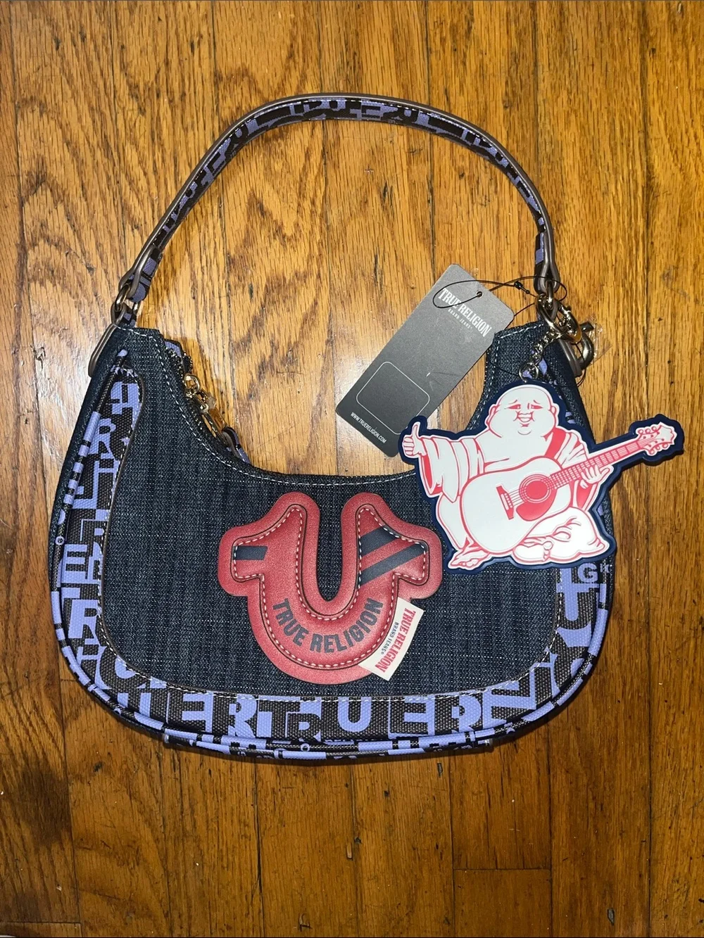 NWT True Religion Denim Shoulder Bag with Red Crest and Two Charms